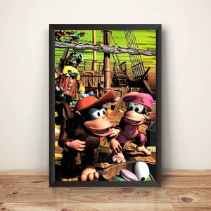 Puede incluir: Una ilustración colorida de Donkey Kong y Diddy Kong de la serie de videojuegos Donkey Kong Country. Los personajes están de pie en la cubierta de madera de un barco con un fondo verde y amarillo.