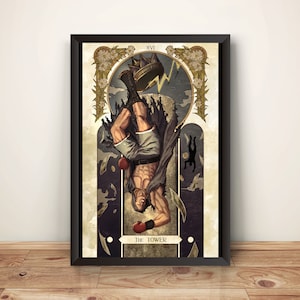 May include: A tarot card illustration of The Tower, depicting a man falling from a crumbling tower. The card is in a vintage style with ornate borders and a lightning bolt striking the tower. The text "XVI THE TOWER" is printed at the bottom of the card.