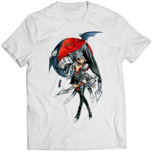 May include: White t-shirt with a black and red graphic of a female character with a large, stitched, red and black head. The character is holding a weapon and has a black and white outfit.