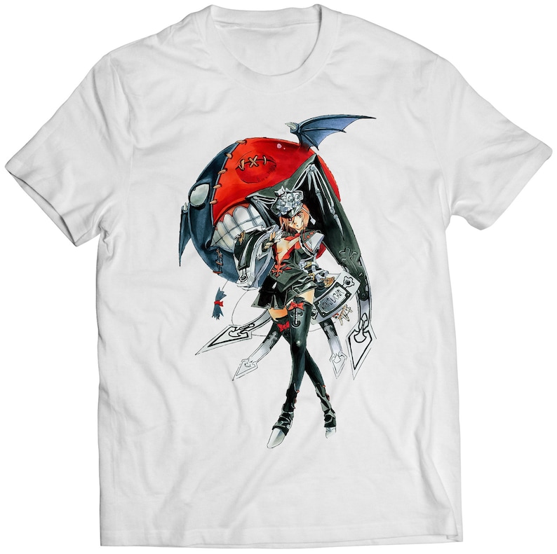 May include: White t-shirt with a black and red graphic of a female character with a large, stitched, red and black head. The character is holding a weapon and has a black and white outfit.
