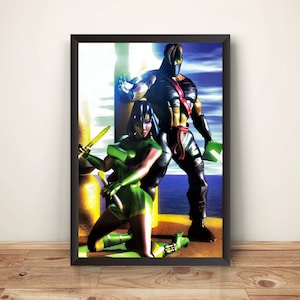 May include: A black and green video game character with a sword stands next to a green and black character with a sword. The characters are in front of a blue and white background.
