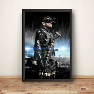 May include: A black and green military-style figure wearing a black helmet with a visor and holding a rifle. The figure is standing in front of a blurry background of a city with rain falling.