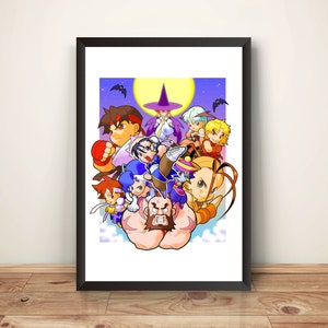 May include: A colourful illustration of a group of cartoon characters, including a large, muscular man with a beard, a woman with a witch's hat, and several other characters. The characters are all smiling and appear to be in a playful mood. The background is a purple sky with a full moon.