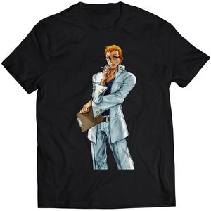 Könnte beinhalten: Ein schwarzes T-Shirt mit einem weißen Grafikdruck eines Mannes in einem weißen Anzug, der eine Klemmbrett hält. Der Mann hat rote Haare und trägt eine Brille.