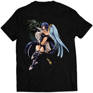 May include: Black t-shirt with a graphic print of a blue-haired anime character with a black and white outfit, surrounded by a blue and white figure and a black figure.