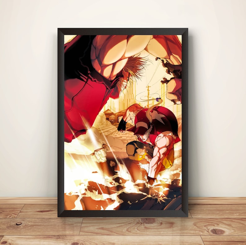 May include: A digital illustration of two muscular men in red and yellow fighting in a city setting. The men are in mid-air, with one man's fist raised and the other man's fist clenched. The background is a blurry cityscape with buildings and streetlights.