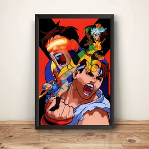 May include: A colorful illustration of four characters from a fighting video game. The characters are in mid-fight, with their fists raised and their mouths open in a yell. The background is a red and black X.