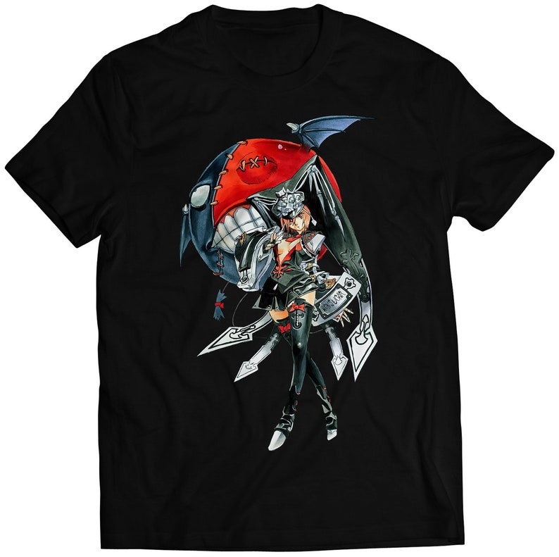 May include: Black t-shirt with a graphic print of a female character with a red and black mask, holding a weapon. The character is standing in front of a large, red, and black orb.