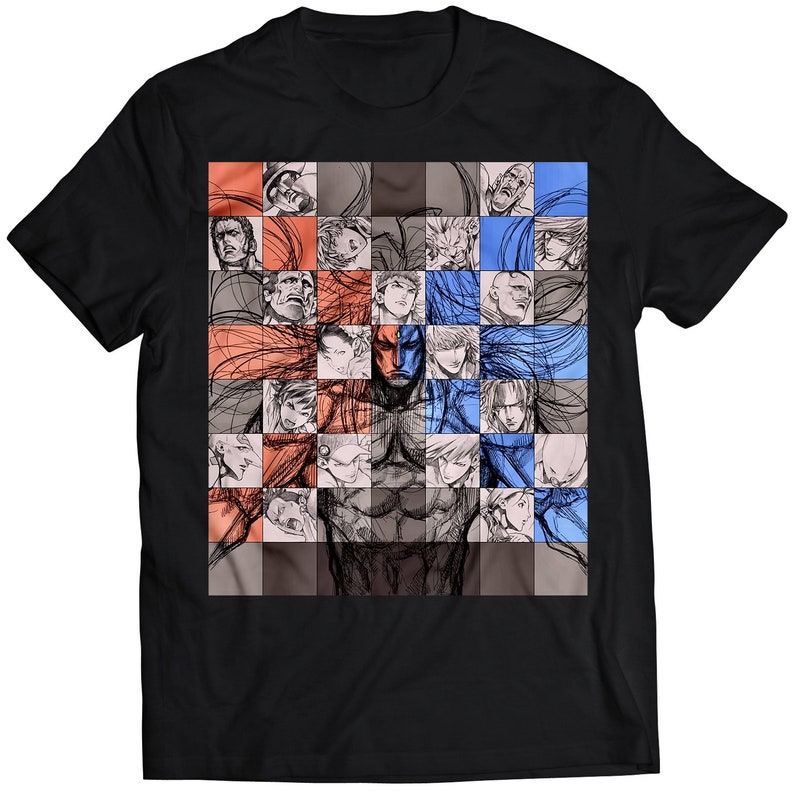 May include: Black t-shirt with a graphic of a grid of faces in shades of gray, red, and blue. The faces are arranged in a grid pattern and are surrounded by a black border.