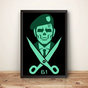 May include: A black and green poster with a skull-faced person wearing a green beret and a suit. The person is holding a pair of scissors with the number 61 printed on them.