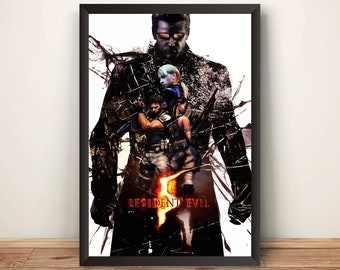 Könnte beinhalten: Ein Poster mit den Charakteren aus Resident Evil 5, einem Videospiel. Das Poster hat einen schwarz-weißen Hintergrund mit einem Risseffekt. Die Charaktere stehen vor einer großen, feurigen Zahl 5. Der Text "Resident Evil" ist in weißen Buchstaben unter der Zahl geschrieben.