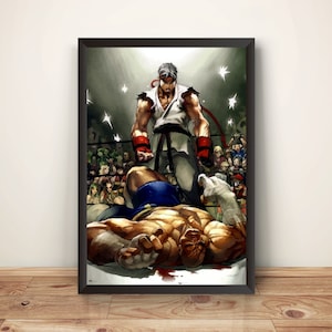 May include: A digital illustration of a fight scene between two characters. The character on the left is wearing a white gi and red gloves. The character on the right is lying on the ground with a blue and white outfit. The background shows a crowd of people watching the fight.