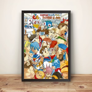 Könnte beinhalten: Eine farbenfrohe Illustration einer Gruppe von Comicfiguren aus verschiedenen Capcom-Videospielen. Die Figuren sind alle in einer überfüllten Szene versammelt, wobei einige von ihnen den Betrachter ansehen. Das Bild ist in Schwarz gerahmt und enthält den Text "CAPCOM Personality Club."
