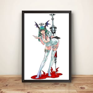 May include: A framed print featuring a stylized illustration of a female character in a nurse's uniform with bat-wing accents. She holds a syringe and stands in a pool of red liquid with bat silhouettes. The artwork has a comic book style with bold outlines and vibrant colors.
