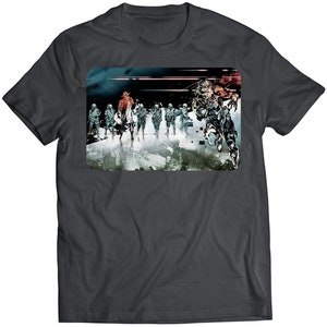 May include: A dark grey t-shirt featuring a graphic print of a group of soldiers in a futuristic setting. The soldiers are wearing camouflage uniforms and carrying weapons. The graphic is in shades of grey, blue, and red.