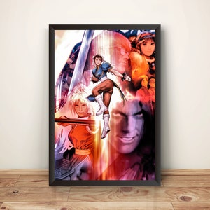 Könnte beinhalten: Eine farbenfrohe Illustration mit Charakteren aus der Street Fighter Videospielserie. Das Bild zeigt Chun-Li, Ryu, Ken, Guile und Sagat. Die Charaktere sind in einer dynamischen Pose dargestellt, mit einem roten und blauen Farbschema.
