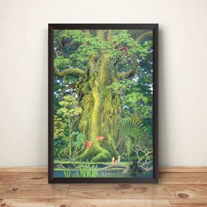 May include: A framed vertical art print depicting a massive, ancient tree with textured, moss-covered bark and dense green foliage. At the base, a small body of water reflects the scene, with two tiny figures standing near the roots and red birds.