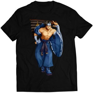 May include: Black t-shirt featuring a digital illustration of a man in a blue and white outfit with a sword.