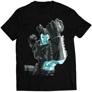 May include: Black t-shirt with a graphic of a blue and gray robot with a fist raised in the air.