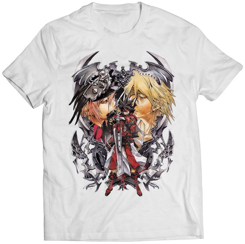 May include: White t-shirt with a graphic print of three anime characters. The characters are surrounded by a black and white design of stylized flowers and leaves.