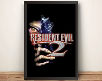 May include: A black framed poster with a zombie-like face peeking out from behind a torn piece of paper. The text "RESIDENT EVIL 2" is in red and silver on the poster.