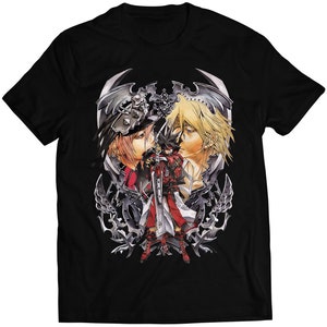 May include: Black t-shirt with a graphic print of two anime characters with swords, surrounded by a silver design.