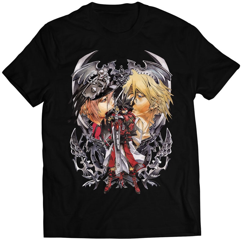 May include: Black t-shirt with a graphic print of two anime characters with swords, surrounded by a silver design.
