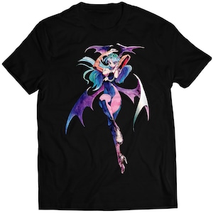 May include: A black t-shirt with a colorful illustration of a female character with wings and a long flowing blue hair.