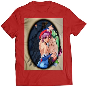 May include: A red t-shirt with a graphic print of two women in a dark room. The women are embracing and have purple and green hair.
