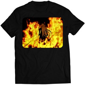 May include: A black t-shirt featuring a graphic of a character standing in a fiery inferno. The character is holding a sword and has long, flowing hair.
