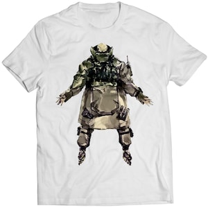 May include: White t-shirt with a graphic print of a person in a military-style suit and helmet. The person is wearing a large backpack and has their arms outstretched.