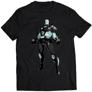 May include: Black t-shirt with a white and gray illustration of a superhero wearing a black and gray suit.
