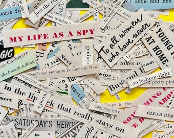 May include: A collection of assorted paper strips featuring various printed text fragments, including phrases like MY LIFE AS A SPY, To all women who have never, and HOLLYWOOD, scattered across a bright yellow background in a collage arrangement.