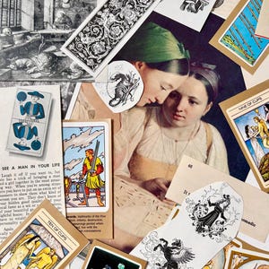 May include: A collage featuring tarot cards, vintage illustrations, and a portrait of two women. The tarot cards display colorful artwork and text, while the illustrations include black and white floral designs and a medieval scene.