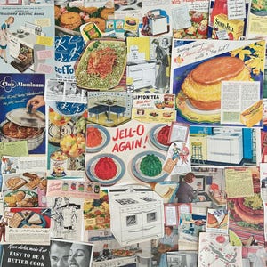 May include: A collage of vintage advertisements featuring retro kitchen appliances, food, and recipes. The ads showcase items like a Frigidaire electric range, Jell-O, and Lipton Tea. The color palette includes vibrant reds, blues, and yellows, evoking a nostalgic feel.