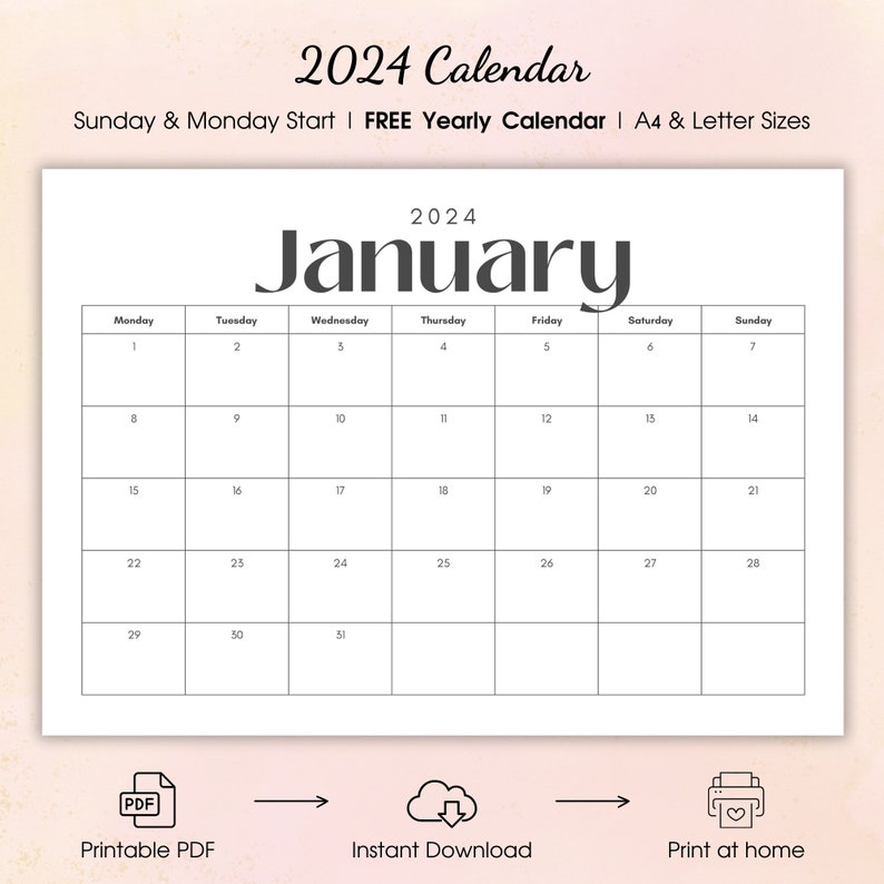 2024 Calendar Printable Minimalist Landscape Planner A4 Elegant Sunday