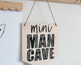 Mini Man Cave / Pennant Flag Banner / wooden Nursery Flag Banner / Childrens Room Decor / Nursery Decor / Boho Nursery Decor