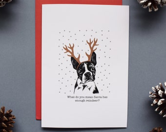 Reindeer Dog Christmas Cards, Boston Terrier Christmas Cards, Dog Christmas Cards, Christmas Cards Cute, Funny Dog Christmas Cards