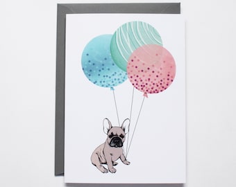 French Bulldog Balloon Card, Cute Dog Card, Frenchie Birthday Card, Dog Lover, Card from Dog