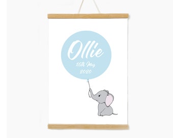 VARIOUS COLOURS | Personalised Baby Elephant Digital Print, Baby Boy Gift, Nursery Decor, Nursery Wall Art,Baby Print, Nursery Prints