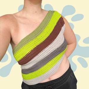 Asymmetric Wrap Tie Lime Green Striped One Shoulder Crochet Top // Size: M–XL // The Sloane Top