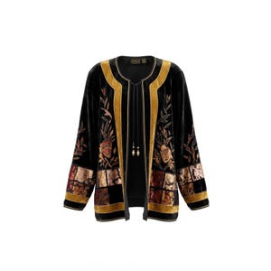 May include: A black velvet jacket featuring gold velvet trim along the front opening and hem. The jacket displays embroidered floral patterns in shades of copper and bronze, with a patchwork-style hem detail and a front tie closure with beads.