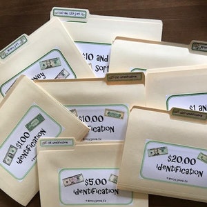 May include: A set of nine yellow file folders with green labels. The labels have different dollar amounts and the words "Identification" on them. The labels also have images of US currency.