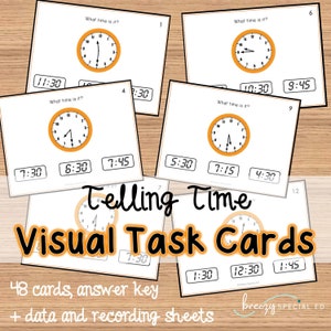 May include: 48 task cards for teaching kids how to tell time. Each card features an analog clock with different times and three digital clocks with time options. The cards are labeled with numbers 1 through 12. The text "Telling Time Visual Task Cards" is at the bottom of the image.