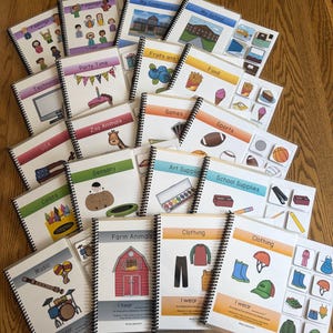 May include: A collection of spiral-bound educational workbooks featuring colorful illustrations and text labels for various categories including feelings, community, food, animals, sports, art, school supplies, music, and clothing with matching cut-out pieces.