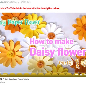 Op de afbeelding: Een YouTube-videotutorial over hoe je een papieren madeliefje maakt. De titel van de video is "Easy Paper Flower How to make Daisy flower" en de beschrijving is "Easy Daisy Paper Flower Tutorial".