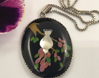 Vintage silver necklace with painted pendant