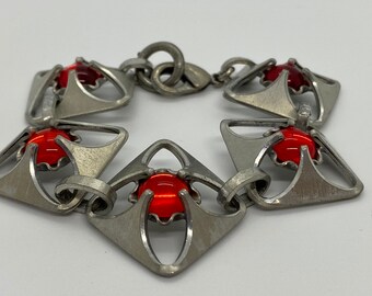 Vintage pewter bracelet, red stones, brutalist style, Danish Bent Larsen, 1960s