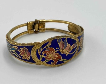 Cloisonné clamped bracelet, flower, butterfly, blue