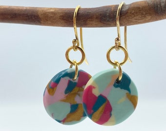 Festive multicolored dangle earrings, goldplated silver, Fimo